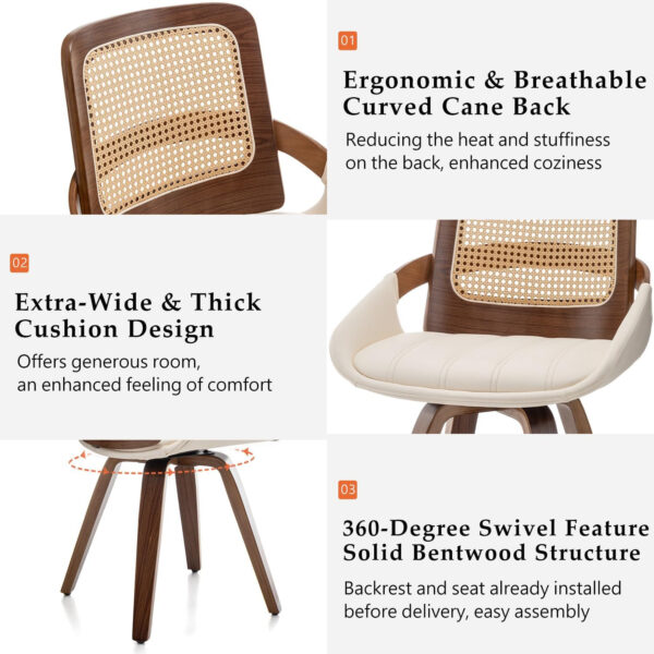 Set of 2 Swivel Rattan Dining Chairs - Walnut Dining Chairs with Bentwood Frame with Ergonomic Cane Back, Curved Arms, MCM Ideal for Kitchen/Conference/Restaurant/Living Room (Walnut Beige)