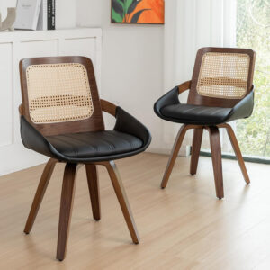 Set of 2 Swivel Rattan Dining Chairs - Walnut Dining Chairs with Bentwood Frame with Ergonomic Cane Back, Curved Arms, MCM Ideal for Kitchen/Conference/Restaurant/Living Room (Walnut Beige)