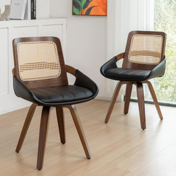 Set of 2 Swivel Rattan Dining Chairs - Walnut Dining Chairs with Bentwood Frame with Ergonomic Cane Back, Curved Arms, MCM Ideal for Kitchen/Conference/Restaurant/Living Room (Walnut Beige)