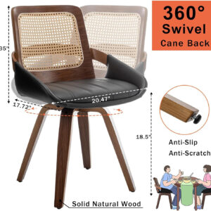 Set of 2 Swivel Rattan Dining Chairs - Walnut Dining Chairs with Bentwood Frame with Ergonomic Cane Back, Curved Arms, MCM Ideal for Kitchen/Conference/Restaurant/Living Room (Walnut Beige)