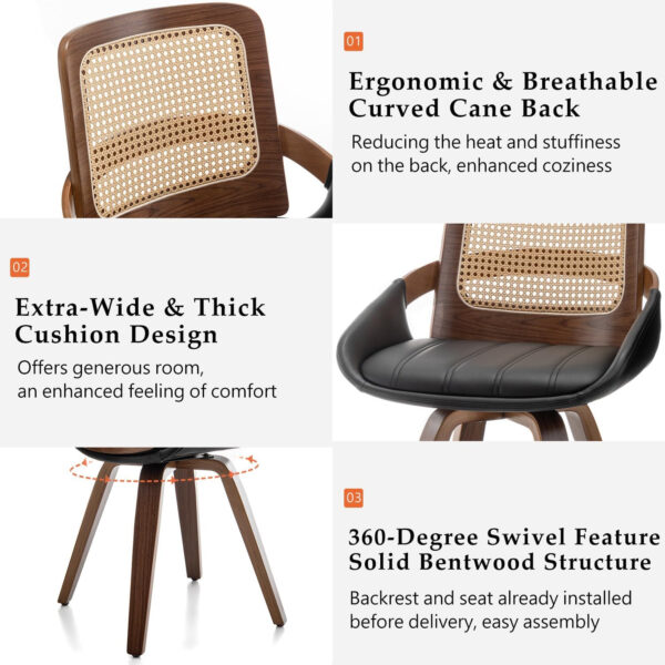 Set of 2 Swivel Rattan Dining Chairs - Walnut Dining Chairs with Bentwood Frame with Ergonomic Cane Back, Curved Arms, MCM Ideal for Kitchen/Conference/Restaurant/Living Room (Walnut Beige)