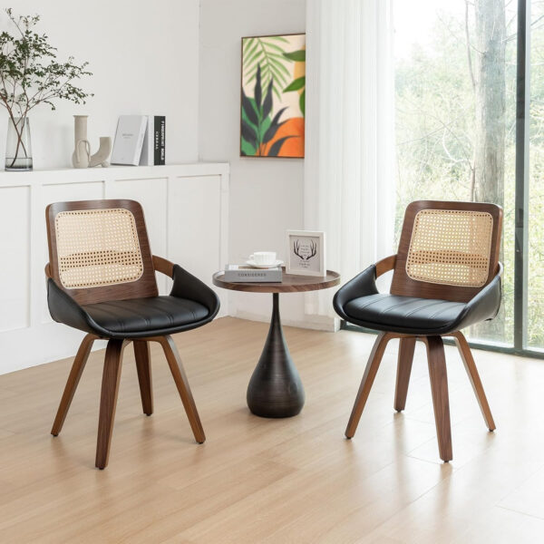Set of 2 Swivel Rattan Dining Chairs - Walnut Dining Chairs with Bentwood Frame with Ergonomic Cane Back, Curved Arms, MCM Ideal for Kitchen/Conference/Restaurant/Living Room (Walnut Beige)