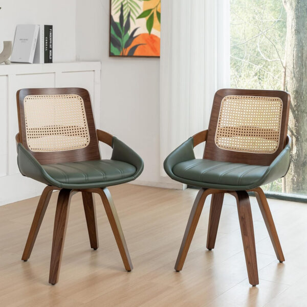 Set of 2 Swivel Rattan Dining Chairs - Walnut Dining Chairs with Bentwood Frame with Ergonomic Cane Back, Curved Arms, MCM Ideal for Kitchen/Conference/Restaurant/Living Room (Walnut Beige)