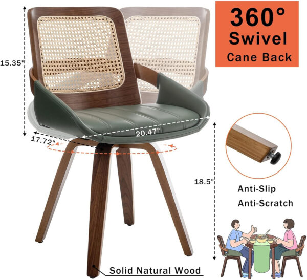 Set of 2 Swivel Rattan Dining Chairs - Walnut Dining Chairs with Bentwood Frame with Ergonomic Cane Back, Curved Arms, MCM Ideal for Kitchen/Conference/Restaurant/Living Room (Walnut Beige)