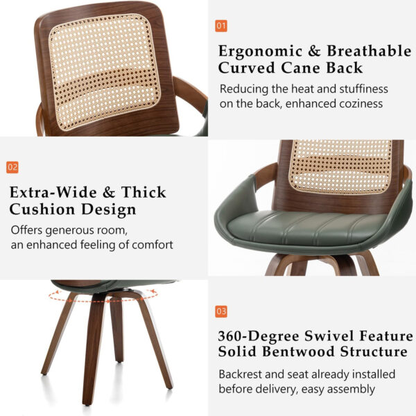 Set of 2 Swivel Rattan Dining Chairs - Walnut Dining Chairs with Bentwood Frame with Ergonomic Cane Back, Curved Arms, MCM Ideal for Kitchen/Conference/Restaurant/Living Room (Walnut Beige)