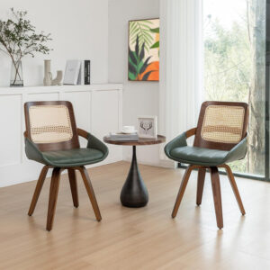 Set of 2 Swivel Rattan Dining Chairs - Walnut Dining Chairs with Bentwood Frame with Ergonomic Cane Back, Curved Arms, MCM Ideal for Kitchen/Conference/Restaurant/Living Room (Walnut Beige)