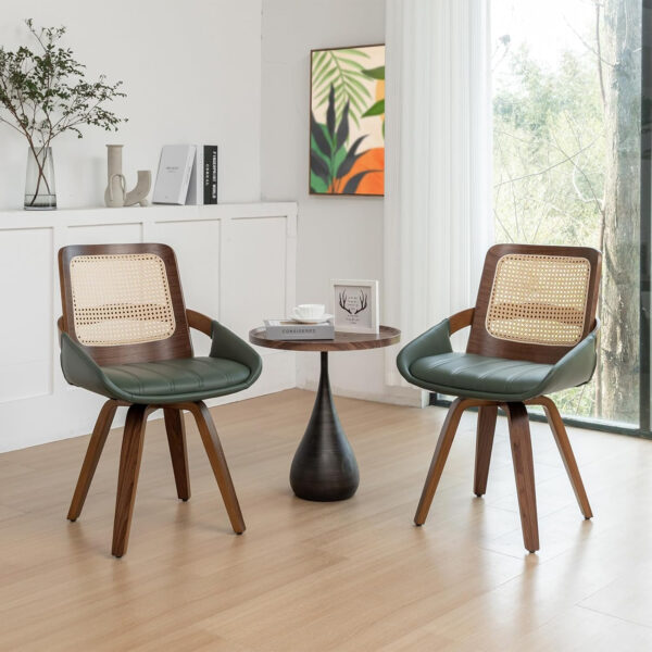 Set of 2 Swivel Rattan Dining Chairs - Walnut Dining Chairs with Bentwood Frame with Ergonomic Cane Back, Curved Arms, MCM Ideal for Kitchen/Conference/Restaurant/Living Room (Walnut Beige)