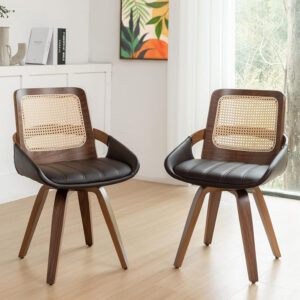 Set of 2 Swivel Rattan Dining Chairs - Walnut Dining Chairs with Bentwood Frame with Ergonomic Cane Back, Curved Arms, MCM Ideal for Kitchen/Conference/Restaurant/Living Room (Walnut Beige)