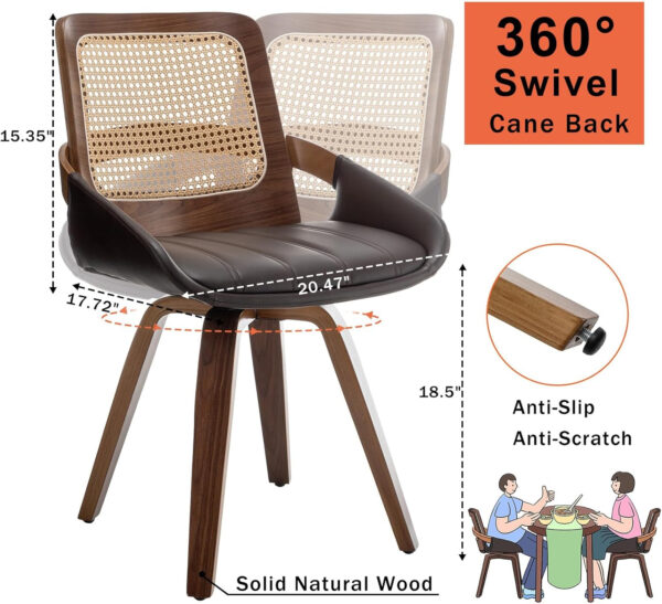 Set of 2 Swivel Rattan Dining Chairs - Walnut Dining Chairs with Bentwood Frame with Ergonomic Cane Back, Curved Arms, MCM Ideal for Kitchen/Conference/Restaurant/Living Room (Walnut Beige)