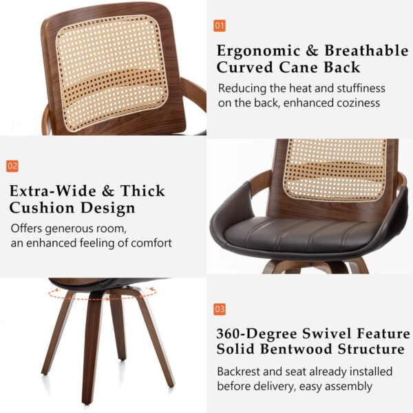 Set of 2 Swivel Rattan Dining Chairs - Walnut Dining Chairs with Bentwood Frame with Ergonomic Cane Back, Curved Arms, MCM Ideal for Kitchen/Conference/Restaurant/Living Room (Walnut Beige)