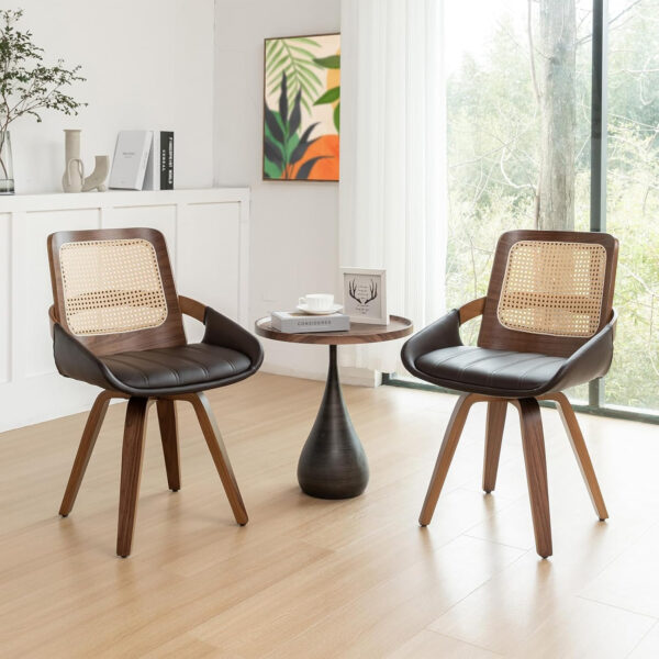 Set of 2 Swivel Rattan Dining Chairs - Walnut Dining Chairs with Bentwood Frame with Ergonomic Cane Back, Curved Arms, MCM Ideal for Kitchen/Conference/Restaurant/Living Room (Walnut Beige)