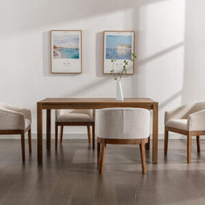 Beige Mid Century Modern Dining Chairs Set of 4, Farmhouse Linen Upholstered Accent Curved Backrest Kitchen Chairs Armchairs with Natural Wood Legs, Beige