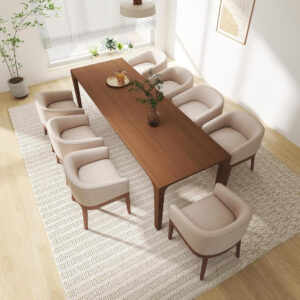 Beige Mid Century Modern Dining Chairs Set of 4, Farmhouse Linen Upholstered Accent Curved Backrest Kitchen Chairs Armchairs with Natural Wood Legs, Beige