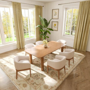 Beige Mid Century Modern Dining Chairs Set of 4, Farmhouse Linen Upholstered Accent Curved Backrest Kitchen Chairs Armchairs with Natural Wood Legs, Beige