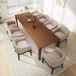 Beige Mid Century Modern Dining Chairs Set of 4, Farmhouse Linen Upholstered Accent Curved Backrest Kitchen Chairs Armchairs with Natural Wood Legs, Beige