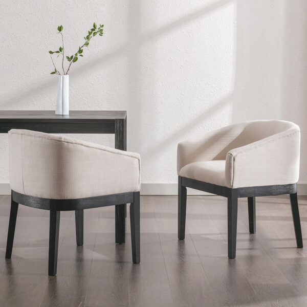 Beige Mid Century Modern Dining Chairs Set of 4, Farmhouse Linen Upholstered Accent Curved Backrest Kitchen Chairs Armchairs with Natural Wood Legs, Beige