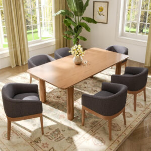 Beige Mid Century Modern Dining Chairs Set of 4, Farmhouse Linen Upholstered Accent Curved Backrest Kitchen Chairs Armchairs with Natural Wood Legs, Beige