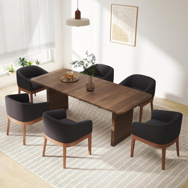 Beige Mid Century Modern Dining Chairs Set of 4, Farmhouse Linen Upholstered Accent Curved Backrest Kitchen Chairs Armchairs with Natural Wood Legs, Beige