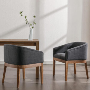 Beige Mid Century Modern Dining Chairs Set of 4, Farmhouse Linen Upholstered Accent Curved Backrest Kitchen Chairs Armchairs with Natural Wood Legs, Beige