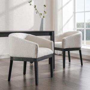 Beige Mid Century Modern Dining Chairs Set of 4, Farmhouse Linen Upholstered Accent Curved Backrest Kitchen Chairs Armchairs with Natural Wood Legs, Beige