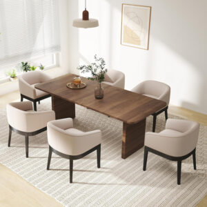 Beige Mid Century Modern Dining Chairs Set of 4, Farmhouse Linen Upholstered Accent Curved Backrest Kitchen Chairs Armchairs with Natural Wood Legs, Beige