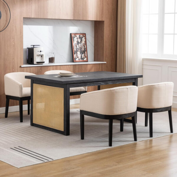 Beige Mid Century Modern Dining Chairs Set of 4, Farmhouse Linen Upholstered Accent Curved Backrest Kitchen Chairs Armchairs with Natural Wood Legs, Beige