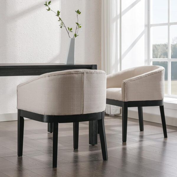 Beige Mid Century Modern Dining Chairs Set of 4, Farmhouse Linen Upholstered Accent Curved Backrest Kitchen Chairs Armchairs with Natural Wood Legs, Beige