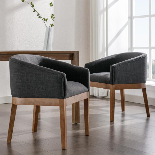 Beige Mid Century Modern Dining Chairs Set of 4, Farmhouse Linen Upholstered Accent Curved Backrest Kitchen Chairs Armchairs with Natural Wood Legs, Beige