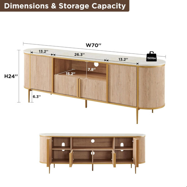 688722350d9e4ffb93afe1c9ad39db3bc8a74142e51de25e40b81.jpg OKD Luxury 70" Fluted TV Stand, Modern Chic Entertainment Center for TVs Up to 80 inches, TV Console with Faux Marble Top, Curved Profile Design, Media Console for Living Room, Natural Oak