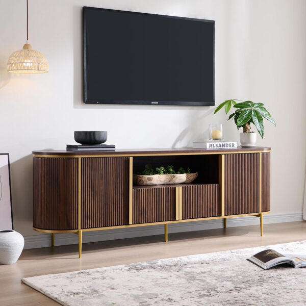 6887225d62c5c7cb12064e699a40e4ae65fd715166e5b16114632.jpg OKD Luxury 70" Fluted TV Stand, Modern Chic Entertainment Center for TVs Up to 80 inches, TV Console with Faux Marble Top, Curved Profile Design, Media Console for Living Room, Natural Oak