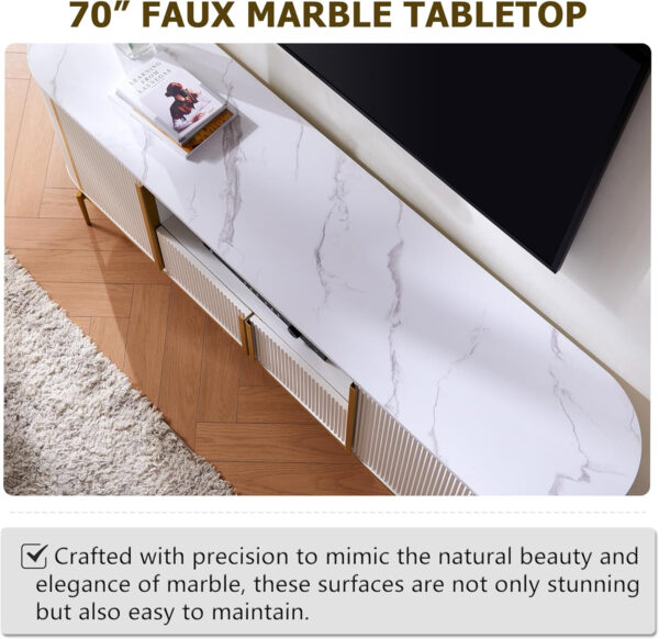 6887226b35c078fae278ec15dae071ea0e9721cec527c195edb12.jpg OKD Luxury 70" Fluted TV Stand, Modern Chic Entertainment Center for TVs Up to 80 inches, TV Console with Faux Marble Top, Curved Profile Design, Media Console for Living Room, Natural Oak