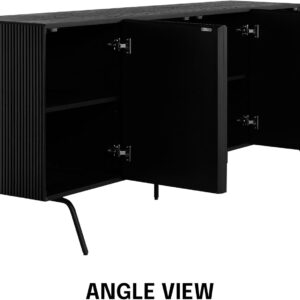 NTC Veil TV Stand with 4 Doors for TVs up to 75’’, Media Console with Vertical Groove Design and Metal Legs, Modern Entertainment Center for Living Room and Bedroom, Effortless Assembly, Dark Walnut