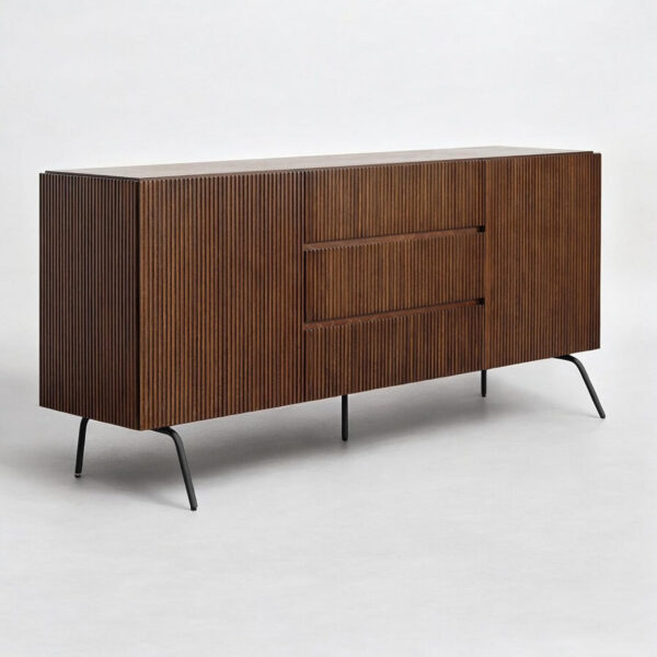 NTC Veil TV Stand with 4 Doors for TVs up to 75’’, Media Console with Vertical Groove Design and Metal Legs, Modern Entertainment Center for Living Room and Bedroom, Effortless Assembly, Dark Walnut