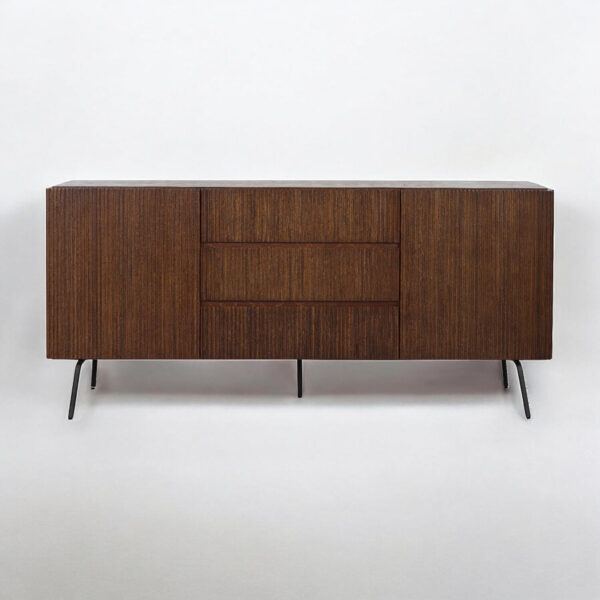 NTC Veil TV Stand with 4 Doors for TVs up to 75’’, Media Console with Vertical Groove Design and Metal Legs, Modern Entertainment Center for Living Room and Bedroom, Effortless Assembly, Dark Walnut