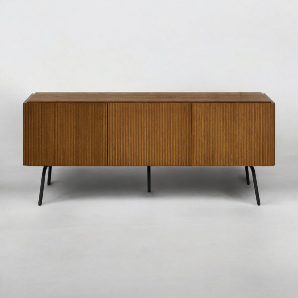 NTC Veil TV Stand with 4 Doors for TVs up to 75’’, Media Console with Vertical Groove Design and Metal Legs, Modern Entertainment Center for Living Room and Bedroom, Effortless Assembly, Dark Walnut