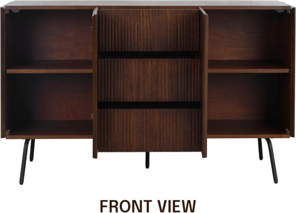 NTC Veil TV Stand with 4 Doors for TVs up to 75’’, Media Console with Vertical Groove Design and Metal Legs, Modern Entertainment Center for Living Room and Bedroom, Effortless Assembly, Dark Walnut