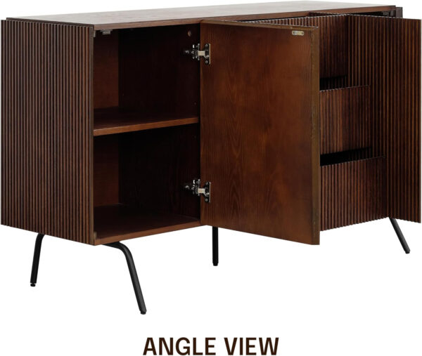 NTC Veil TV Stand with 4 Doors for TVs up to 75’’, Media Console with Vertical Groove Design and Metal Legs, Modern Entertainment Center for Living Room and Bedroom, Effortless Assembly, Dark Walnut