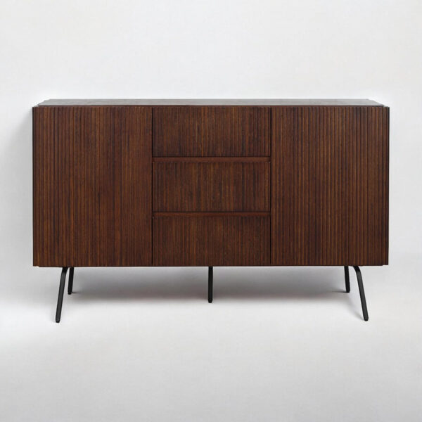 NTC Veil TV Stand with 4 Doors for TVs up to 75’’, Media Console with Vertical Groove Design and Metal Legs, Modern Entertainment Center for Living Room and Bedroom, Effortless Assembly, Dark Walnut