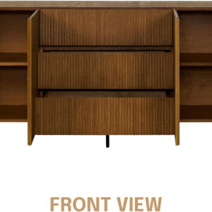 NTC Veil TV Stand with 4 Doors for TVs up to 75’’, Media Console with Vertical Groove Design and Metal Legs, Modern Entertainment Center for Living Room and Bedroom, Effortless Assembly, Dark Walnut