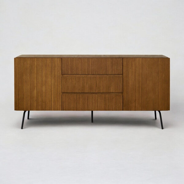 NTC Veil TV Stand with 4 Doors for TVs up to 75’’, Media Console with Vertical Groove Design and Metal Legs, Modern Entertainment Center for Living Room and Bedroom, Effortless Assembly, Dark Walnut