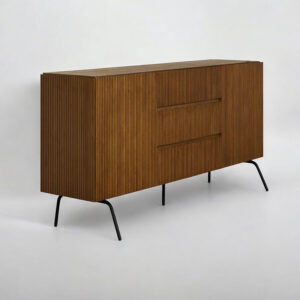 NTC Veil TV Stand with 4 Doors for TVs up to 75’’, Media Console with Vertical Groove Design and Metal Legs, Modern Entertainment Center for Living Room and Bedroom, Effortless Assembly, Dark Walnut