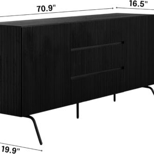 NTC Veil TV Stand with 4 Doors for TVs up to 75’’, Media Console with Vertical Groove Design and Metal Legs, Modern Entertainment Center for Living Room and Bedroom, Effortless Assembly, Dark Walnut