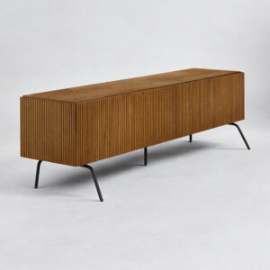 NTC Veil TV Stand with 4 Doors for TVs up to 75’’, Media Console with Vertical Groove Design and Metal Legs, Modern Entertainment Center for Living Room and Bedroom, Effortless Assembly, Dark Walnut