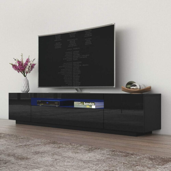 Meble Furniture Miami 200 TV Stand - Rectangular Modern TV Stand with Storage Cabinets and LED Lights - Media Entertainment Center Console Stand for TVs Up to 90" - Black