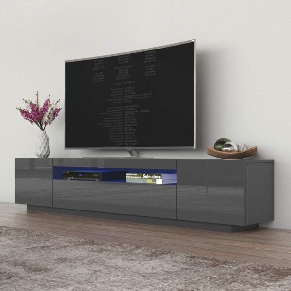 Meble Furniture Miami 200 TV Stand - Rectangular Modern TV Stand with Storage Cabinets and LED Lights - Media Entertainment Center Console Stand for TVs Up to 90" - Black