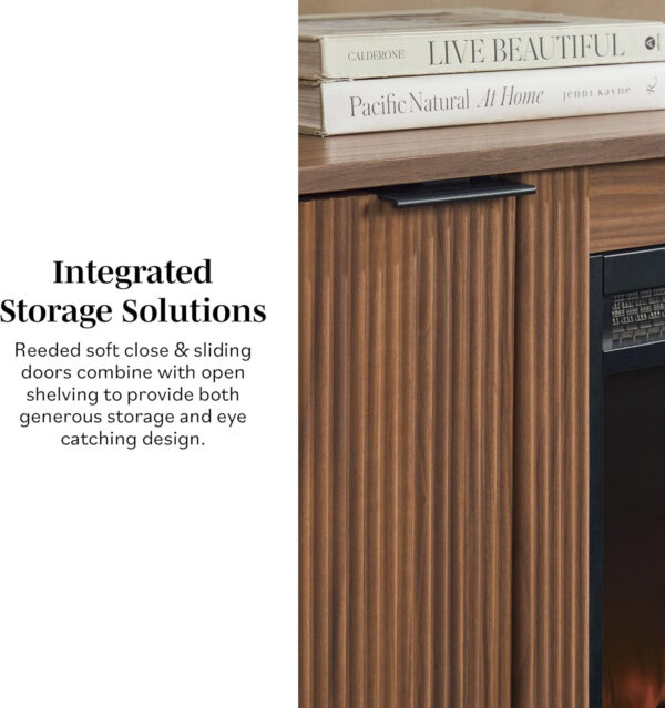 Walker Edison Chloe Reeded TV Stand with Fireplace Insert, 75 Inch, 70 Inch, Mocha