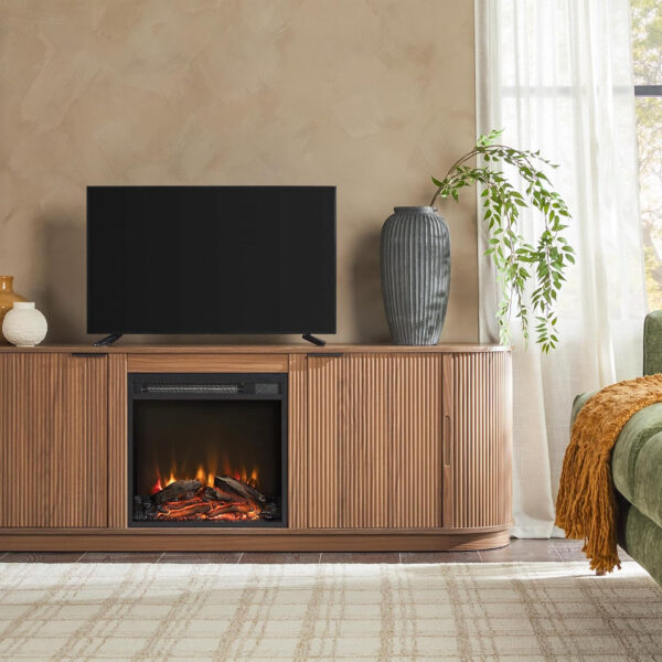 Walker Edison Chloe Reeded TV Stand with Fireplace Insert, 75 Inch, 70 Inch, Mocha