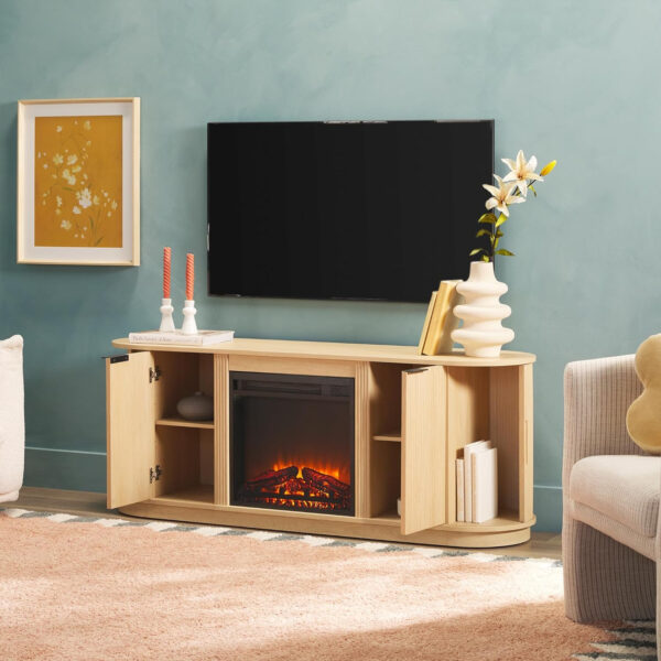 Walker Edison Chloe Reeded TV Stand with Fireplace Insert, 75 Inch, 70 Inch, Mocha