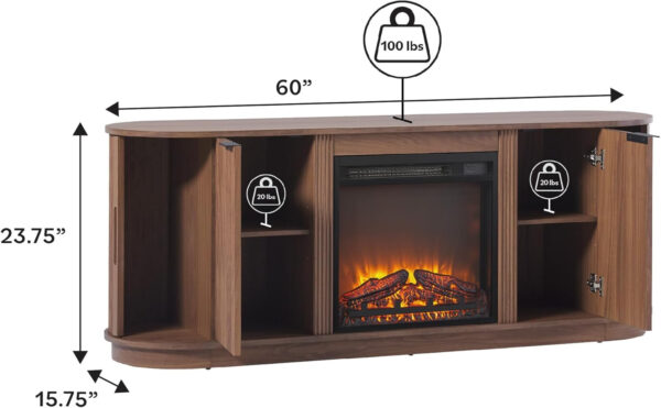 Walker Edison Chloe Reeded TV Stand with Fireplace Insert, 75 Inch, 70 Inch, Mocha