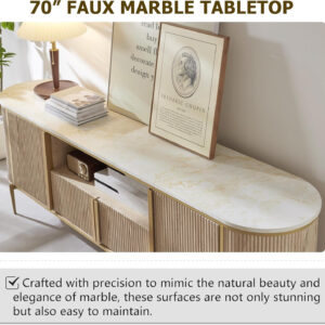 OKD Luxury 70" Fluted TV Stand, Modern Chic Entertainment Center for TVs Up to 80 inches, TV Console with Faux Marble Top, Curved Profile Design, Media Console for Living Room, Natural Oak